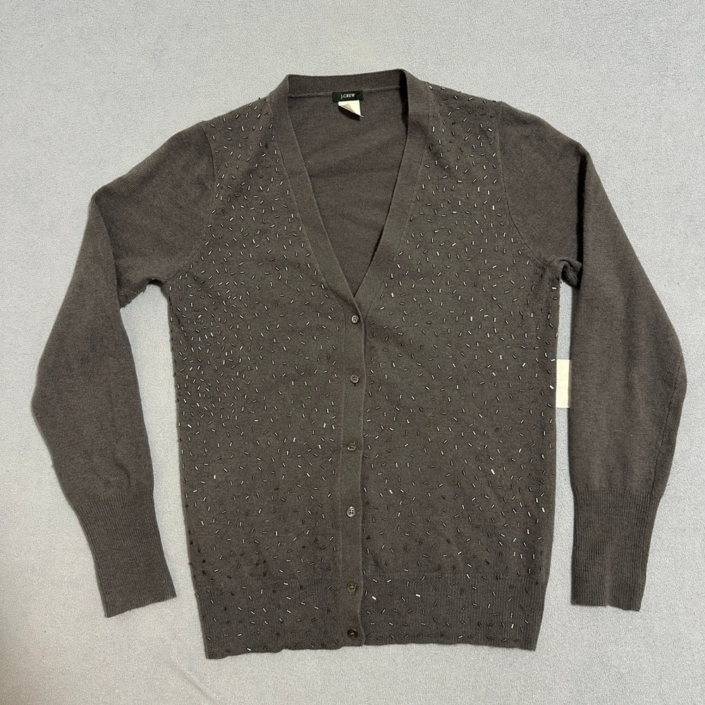 J. Crew Beaded Wool Cashmere Blend Cardigan V-Neck Sweater Womens Gray Size M